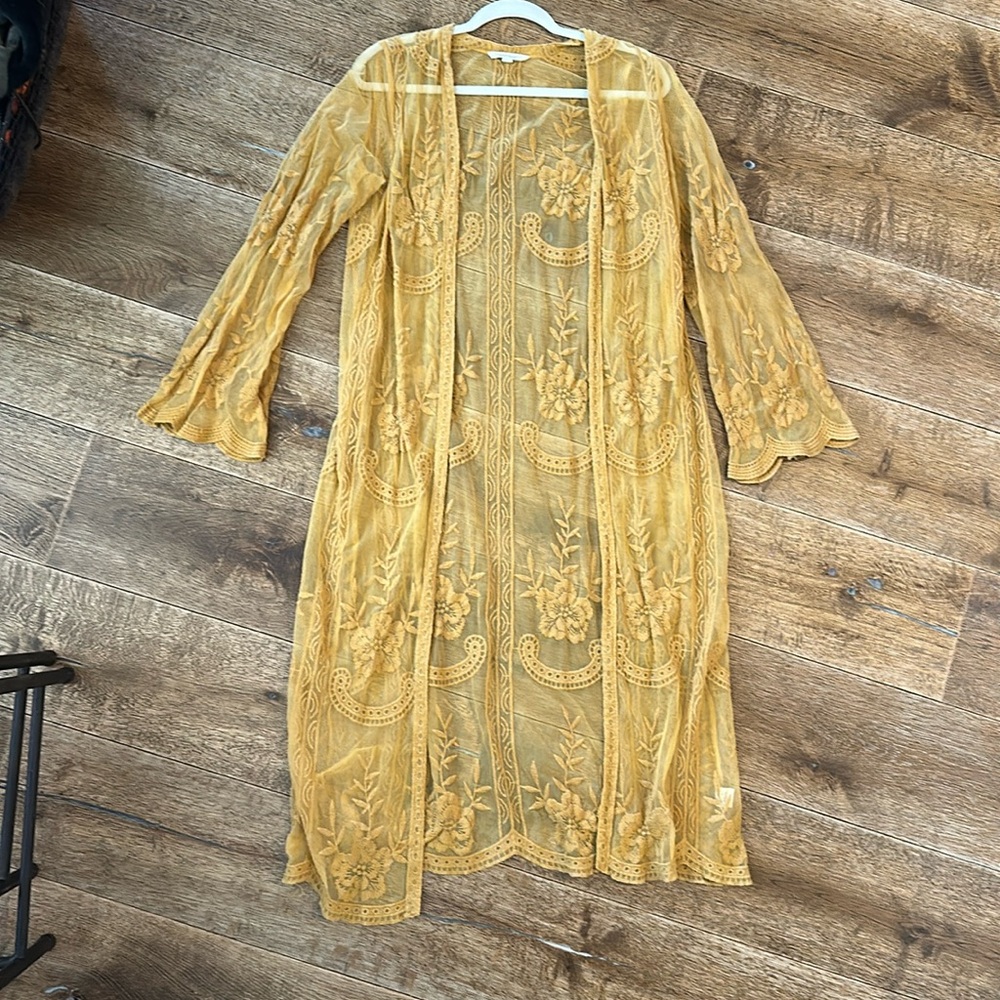 Honey Punch Gold Lace Boho Kimono Duster | Sheer Layering Piece Size Small